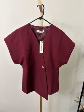 Commense Deep Burgundy V-Neck Short Sleeve Blouse